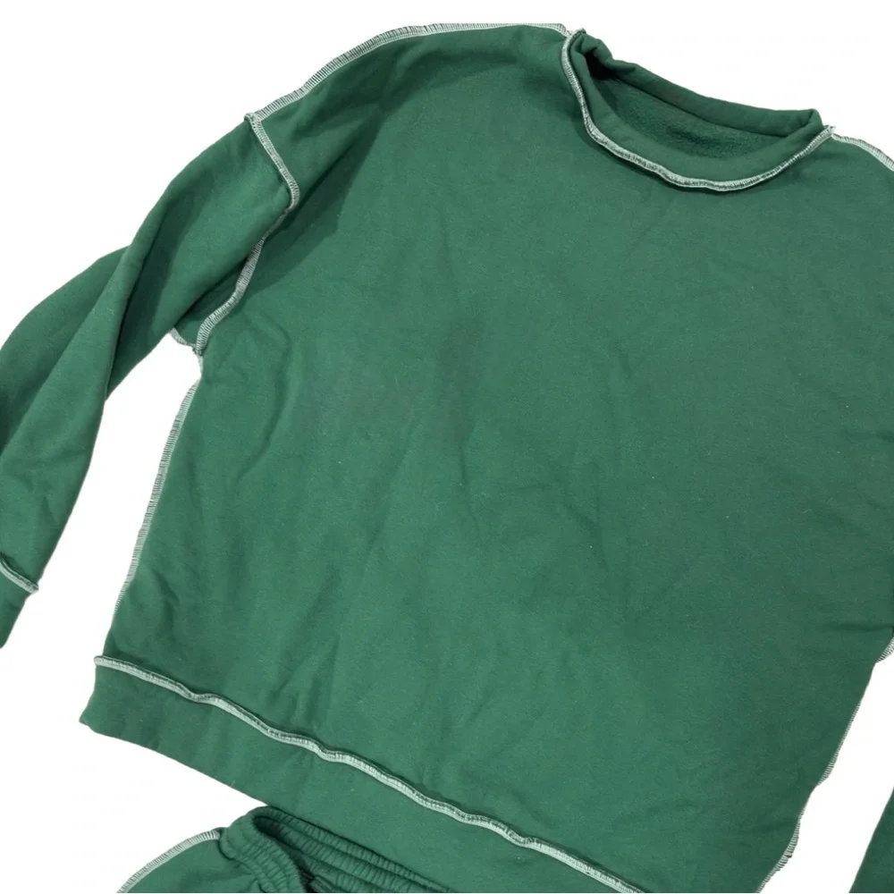 Green Sweatshirt Exposed Seam Crewneck Fleece Pullover (Size Medium) - Picture 4 of 5